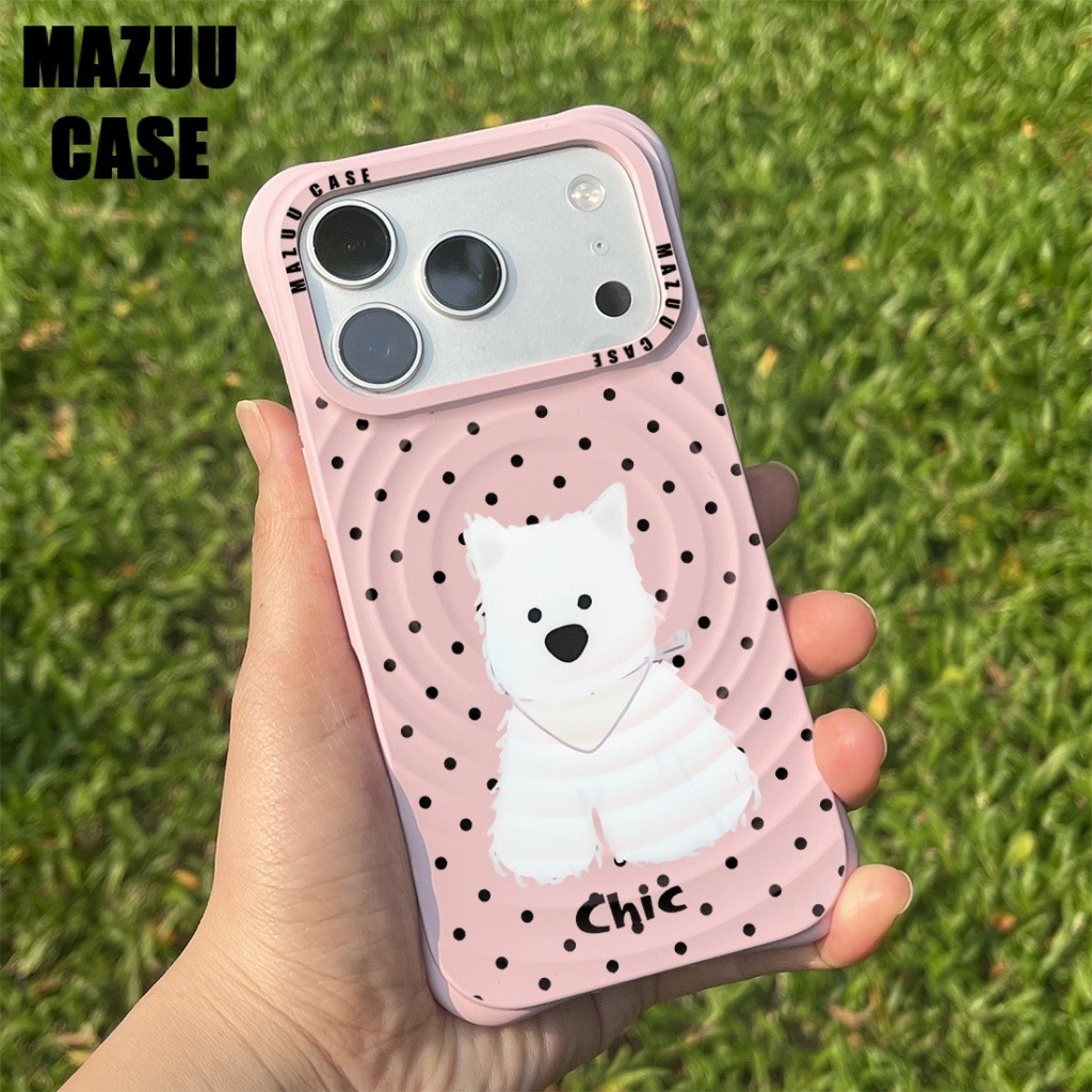 เคสแม่เหล็กไอโฟน ซิลิโคนสีชมพู ลายสุนัขเวสตี้ลายจุด คลื่น รูปที่ 2