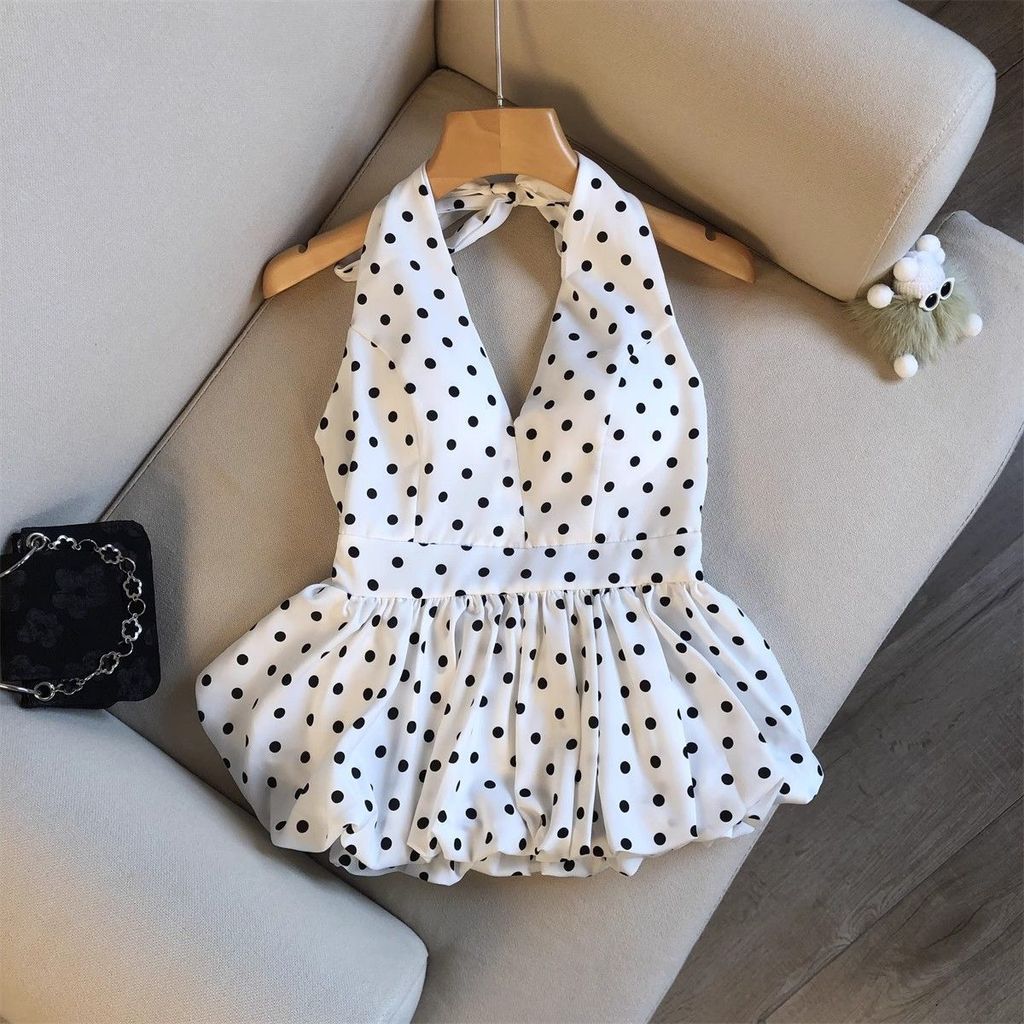 Camisole ลายจุดโพลคอดots สไตล์ใหม่ 2026 คอแหวนสายเดียว สำหรับผู้หญิง ทรงกระชับเอว