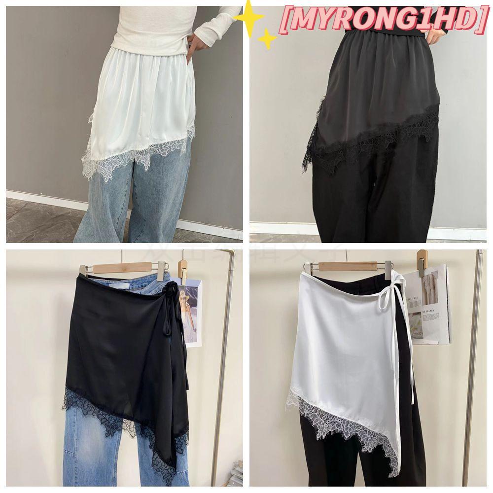 MYRONG1HD ลูกไม้ Midi กระโปรง,เอวสูงปักดอกไม้ลูกไม้กระโปรง Drawstring, Harajuku Y2K Streetwear ดูผ่า