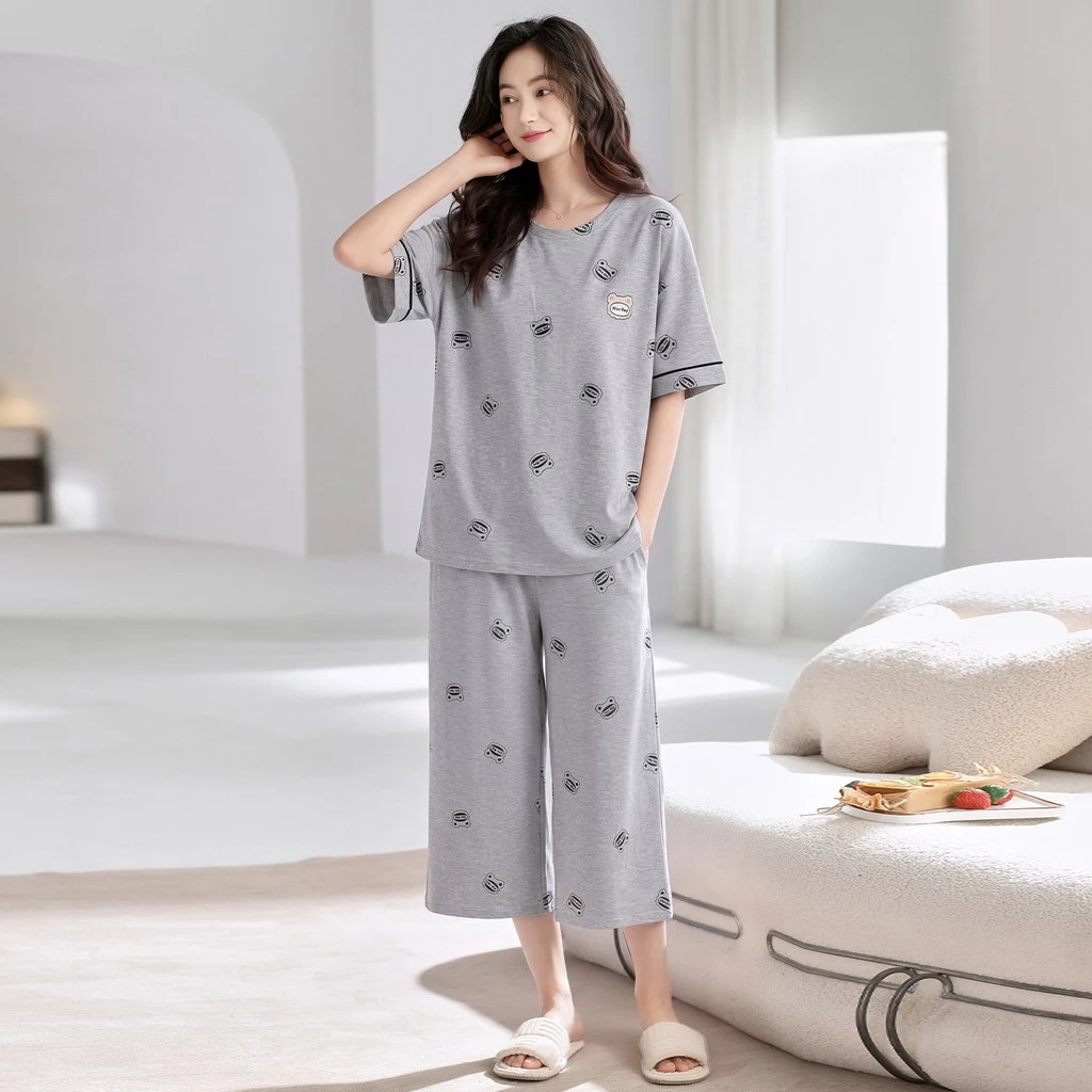 สตรีฤดูร้อนชุดนอนผ้าฝ้ายเหมือนเบาะชุดชั้นในรอบคอ Capri กางเกงชุด Homewear
