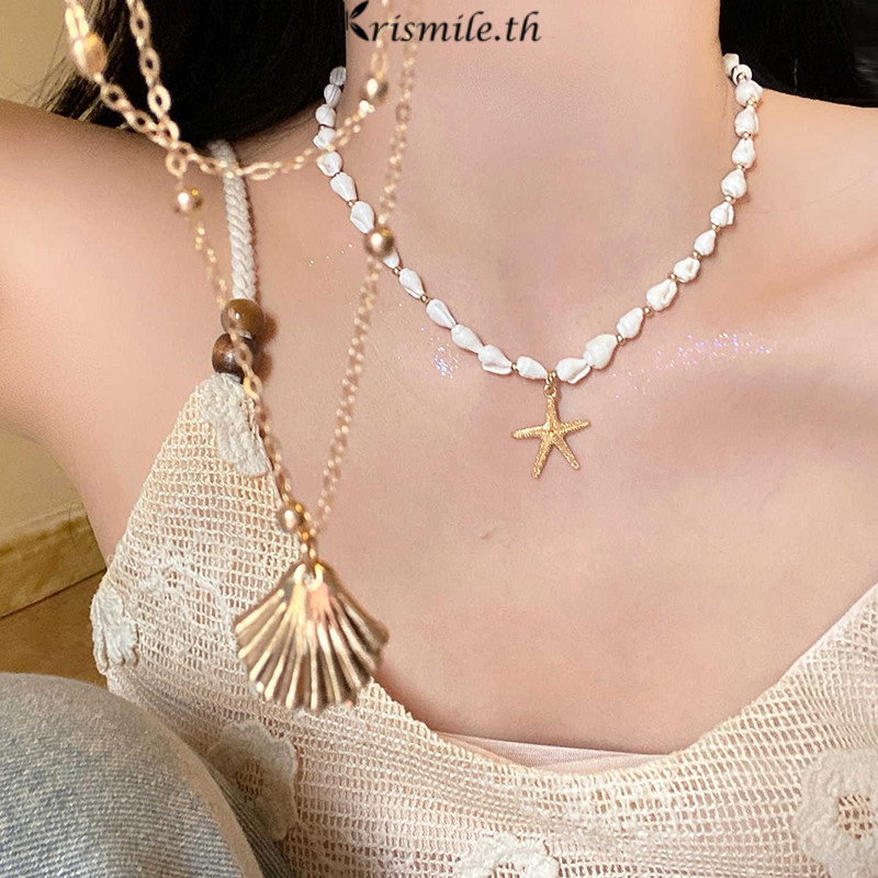 COD-ในไทย🎀สร้อยคอสองชั้นจี้เปลือกหอยสีขาว สำหรับผู้หญิง ดีไซน์มินิมอลเรียบหรู เหมาะกับชุดเดรสและลุควันหยุดเที่ยวทะเล