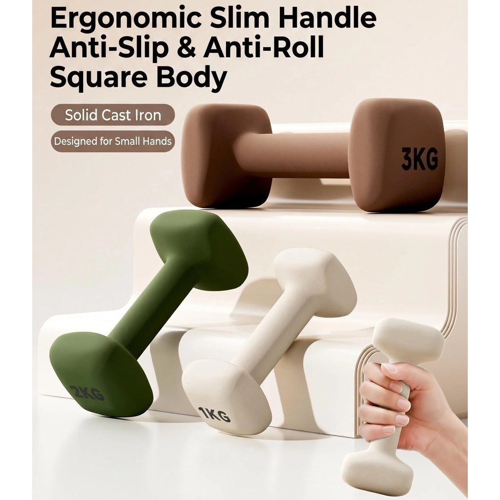 1-3KG Square Dumbbell Non-Slip Anti-Roll Hand Weights Slim Ergonomic Handle Solid Cast Iron Dumbbell