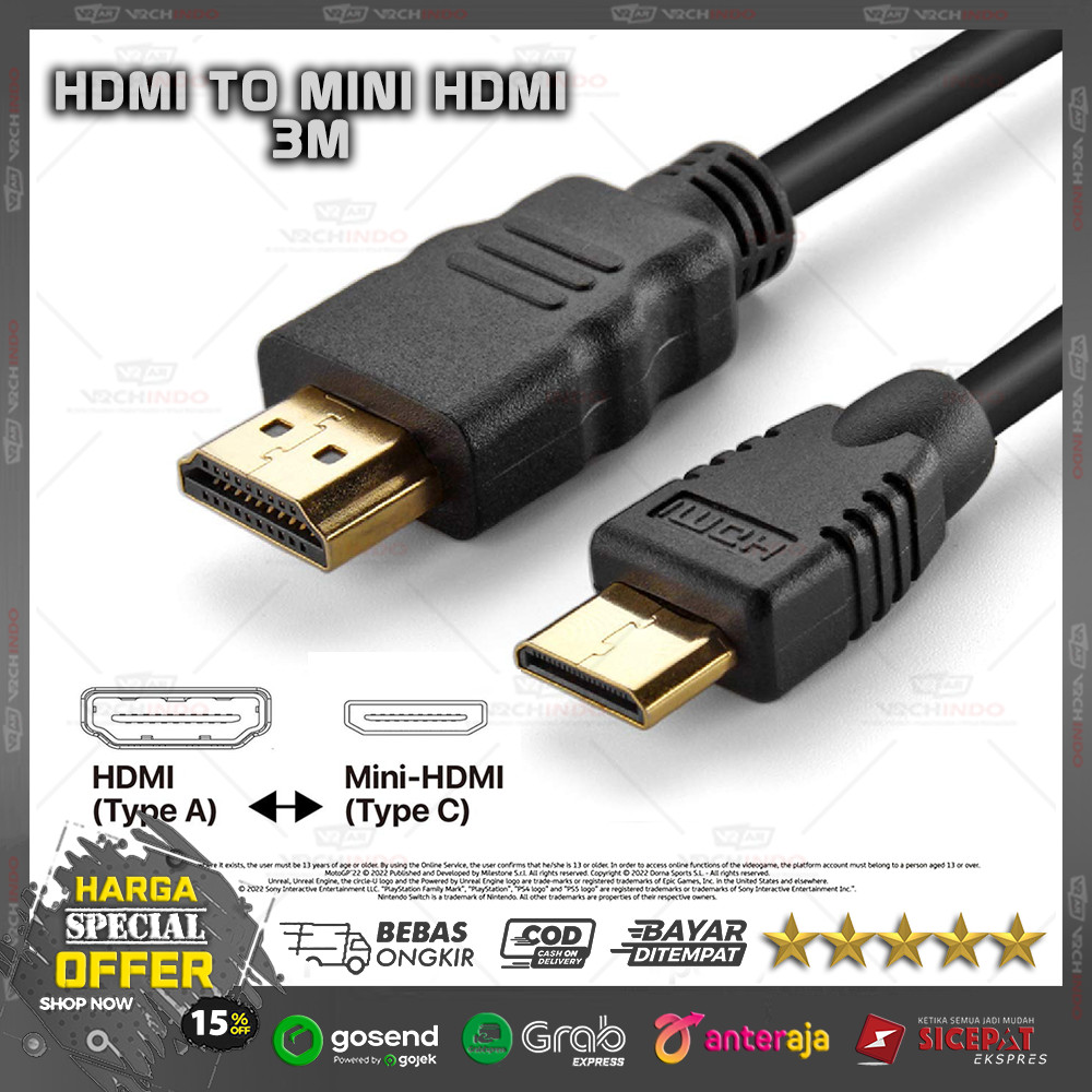 สาย HDMI Mini To HDMI 300CM / 3M / 3 เมตร ชุบทองคุณภาพสูง พรีเมี่ยม !!