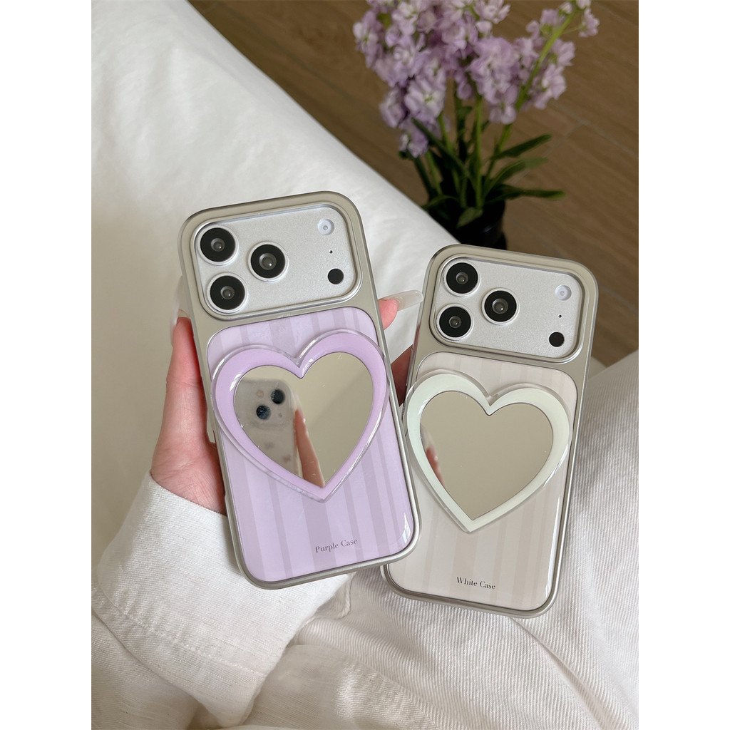 เกาหลีแถบสีม่วงสีขาว Love Mirror เคสโทรศัพท์ Iphone 17 Pro Max iPhone 16 Pro 16 15 Pro Max ฝาครอบชุบเงิน 17 Pro ป้องกันการตก 17 รุ่นหญิง ฝาครอบเลนส์หน้าต่างขนาดใหญ่