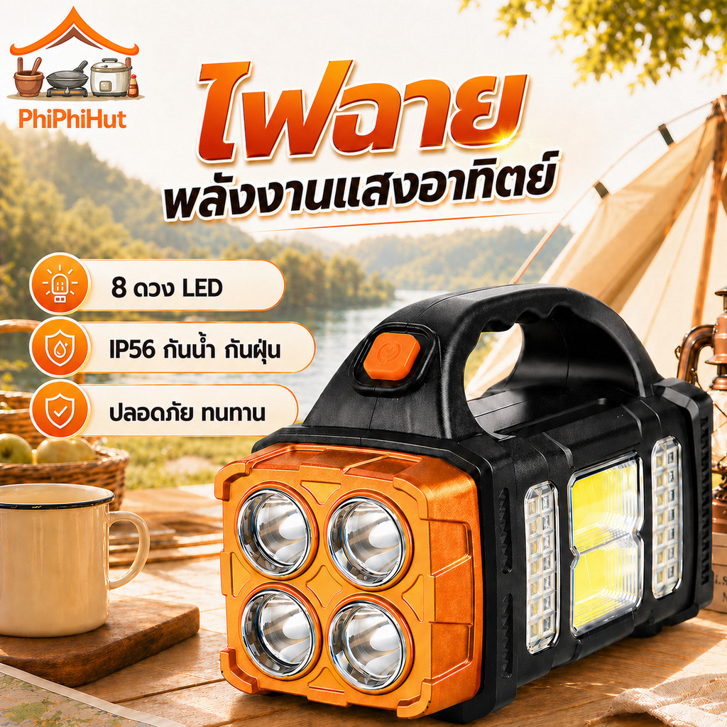 PPH ไฟฉายพลังงานแสงอาทิตย์  8 ดวง แบบพกพา ไฟฉาย LED ไฟฉายพลังงานแสงอาทิตย์แสงจ้าสีขาว+สีเหลือง