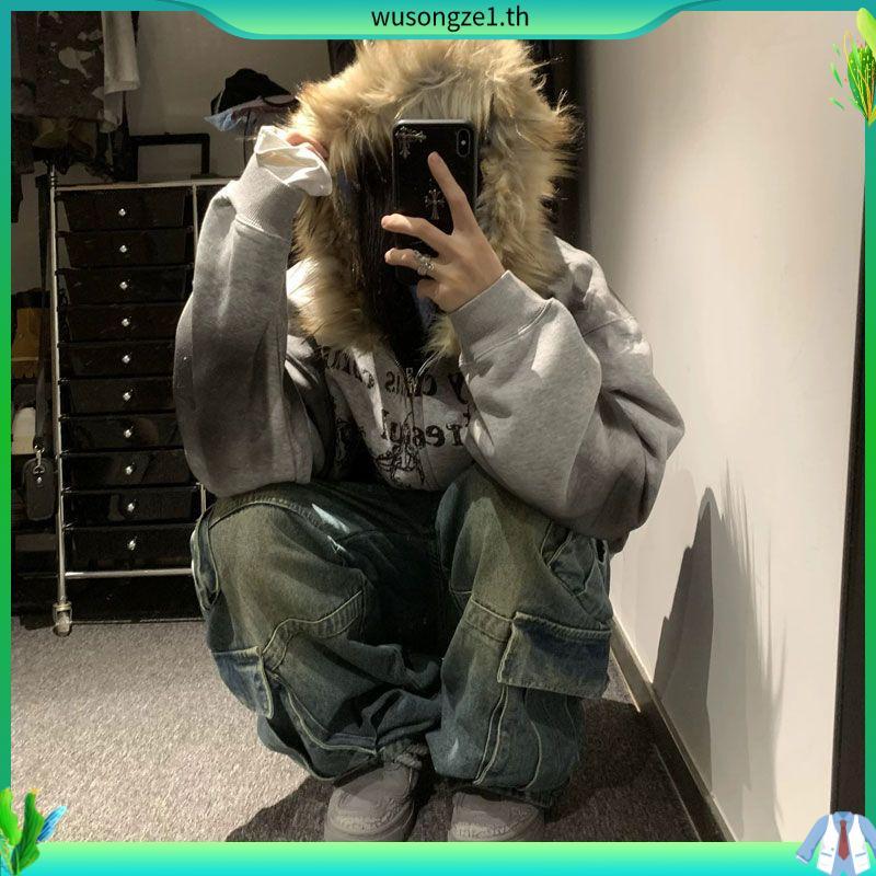 American Retro Y2k Millennium Fur Collar Zipper Hooded Jacket สําหรับผู้หญิง Dark Street Jacket