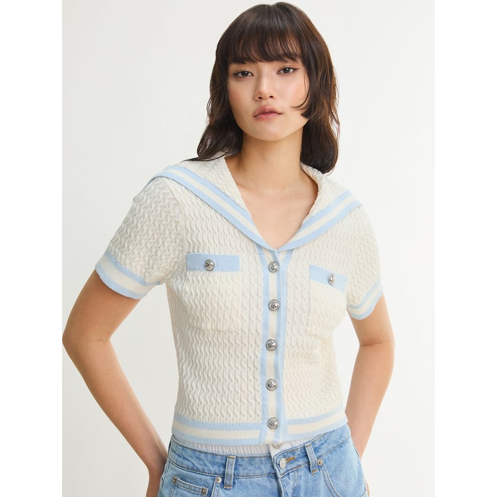 [Pomelo] เสื้อถักคอปกกะลาสีติดกระดุม / Sailor Collar Knit Cardigan Top