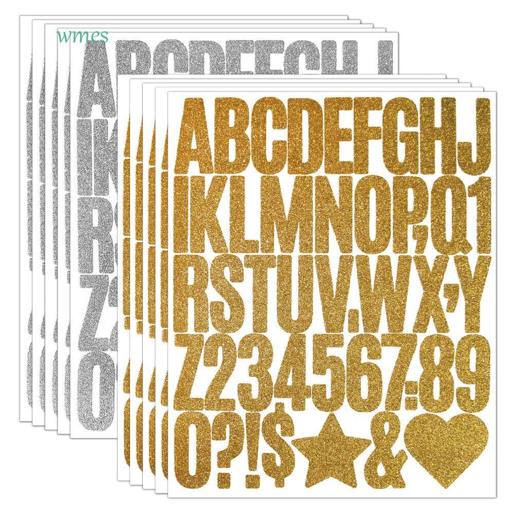 WMES1ZA 5 แผ่นตัวอักษร Big Letter สติกเกอร์,ประกายตัวอักษรภาษาอังกฤษ AZ Glitter สติกเกอร์, Heart Gold Self กาวเงาเงินตัวอักษรจํานวนสติกเกอร์กล่องจดหมาย Decor