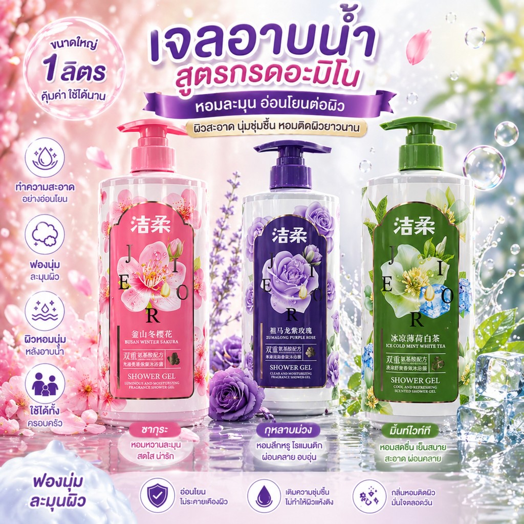 เจลอาบน้ำ เจลอาบน้ำน้ำหอมกลิ่นดอกไม้ มีให้เหลือก 3 กลิ่น 800ml ให้กลิ่นหอมสะอาด