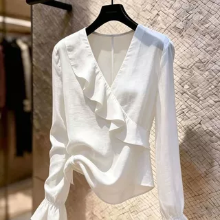 แฟชั่นฝรั่งเศส High-End V คอ Ruffled เสื้อฤดูร้อนสไตล์ใหม่ 2026 All-Match Slimmer ดูแขนยาวผู้หญิง
