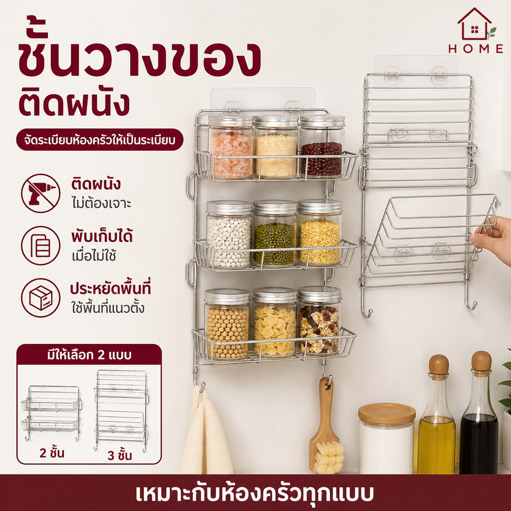 Home007 ชั้นวางของในครัว พับเก็บได้ ติดผนัง ชั้นวางของ เครื่องปรุง เครื่องเทศ ทำจากสแตนเลสคุณภาพดี รับน้ำหนักได้เยอะ