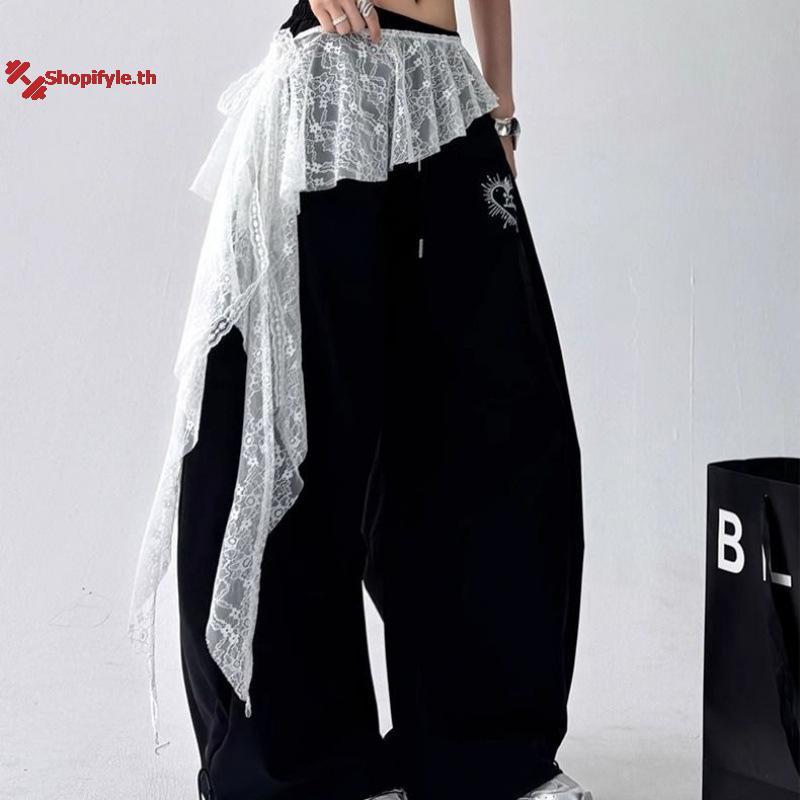 Shopifyle ปักดอกไม้ลูกไม้กระโปรงมินิดูผ่าน Y2K Streetwear Ruched กระโปรงไม่สม่ําเสมอ Lace Up Ruffle 