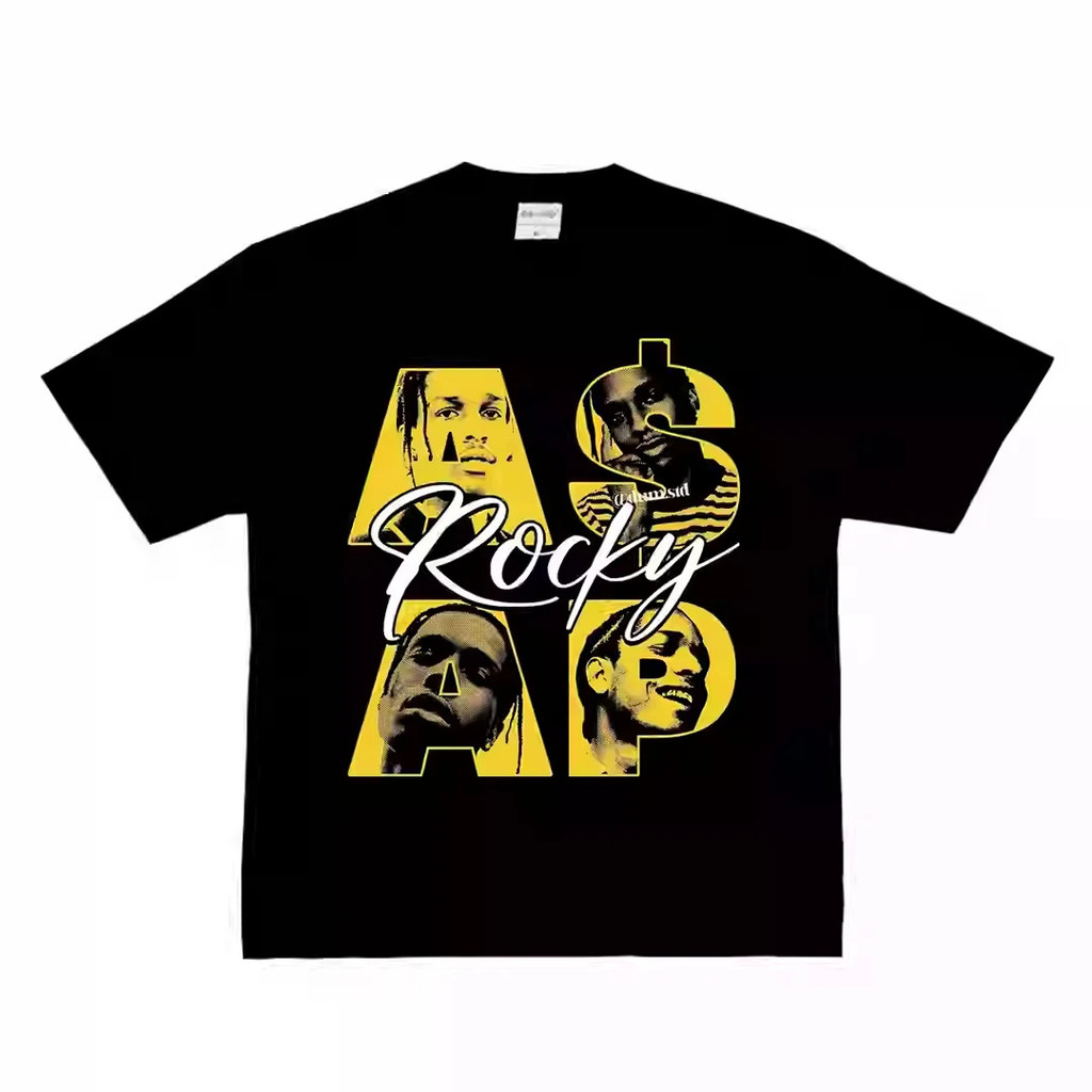 [มีสินค้า] เสื้อยืดคอตตอนแขนสั้นสไตล์อเมริกัน รุ่น ASAP Rocky คอเล็ก ดีไซน์วินเทจสุดฮิต คุณภาพสูง