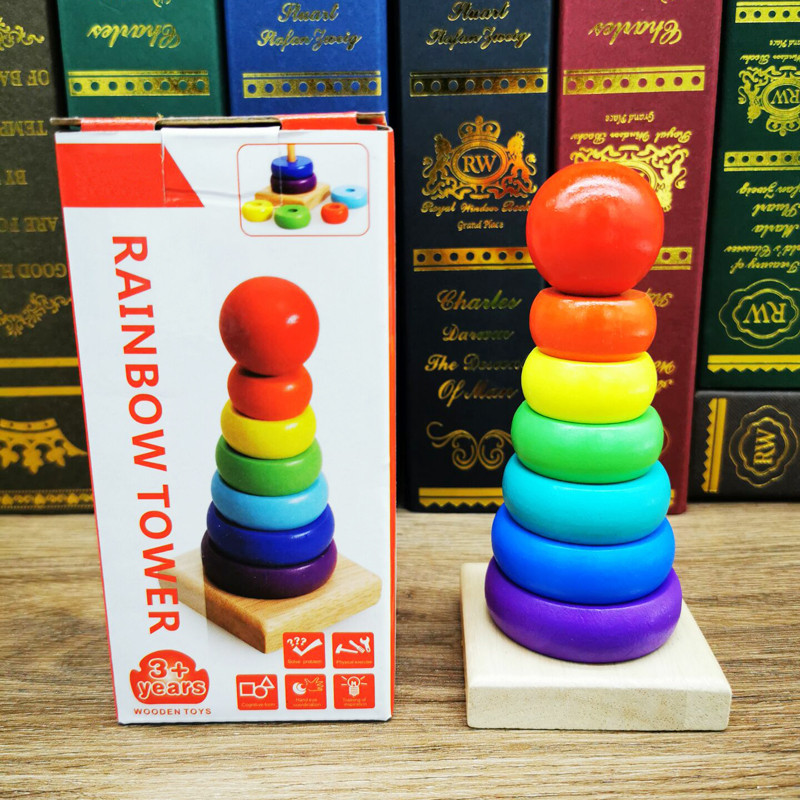 Montessori Early Teaching Aids เด็ก Rainbow Tower แหวนคอลัมน์ซ้อนแหวน Tower Building Blocks ของเล่นเ
