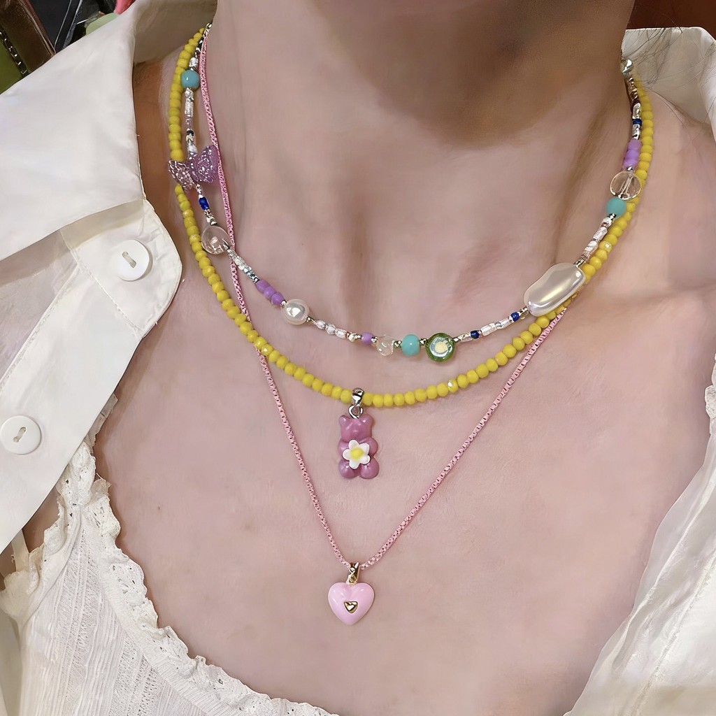 [miaom] สร้อยคอลูกปัดสีสันสดใสสไตล์สาวเกาหลี y2k All-Match Bear Heart Stacking Necklace Dopamine Clavicle Chain
