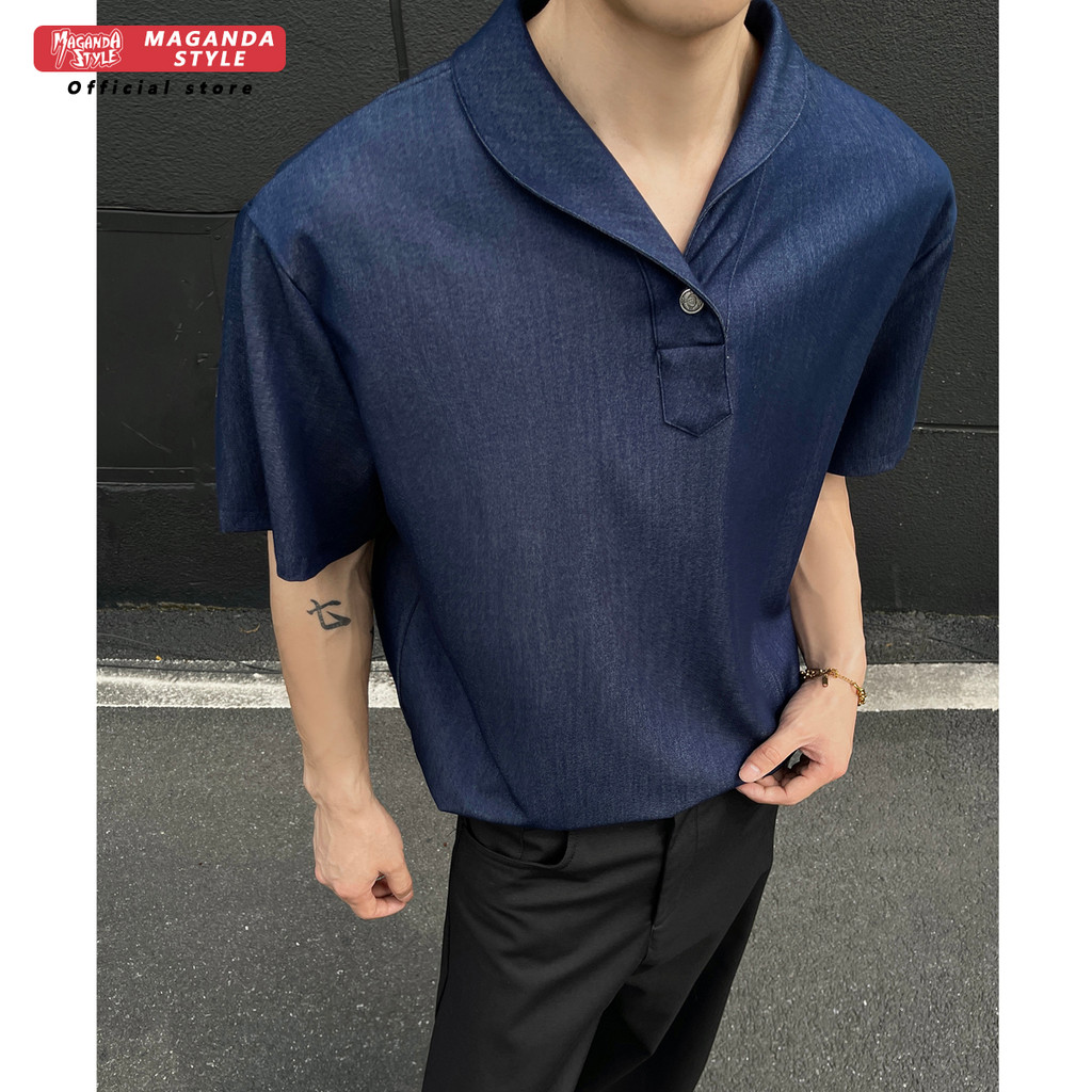 เสื้อยืดผู้ชาย Denim Summer Lapel Polo Short-Sleeved Street Wear Old Money Style Simple Top