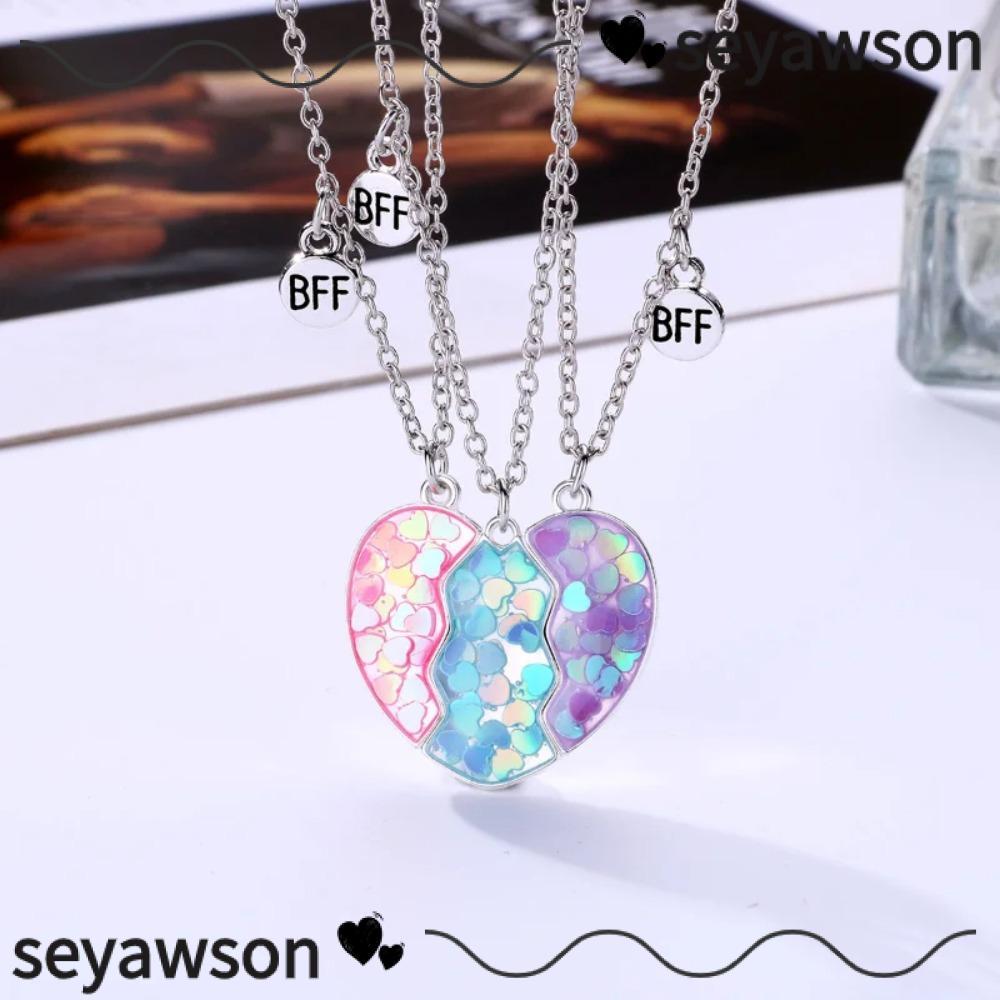 SEYAWSON 3 ชิ้นจับคู่สร้อยคอจี้หัวใจ,เครื่องประดับมิตรภาพมิตรภาพ BFF สร้อยคอ,แฟชั่นน่ารักการ์ตูนหยดสร้อยคอหัวใจ