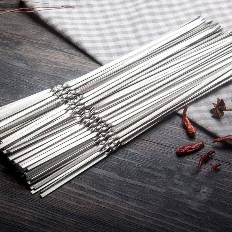 Skewers for Barbecue Reusable Grill Stainless Steel Skewers Shish Kebab BBQ Camping Flat Forks Gadge