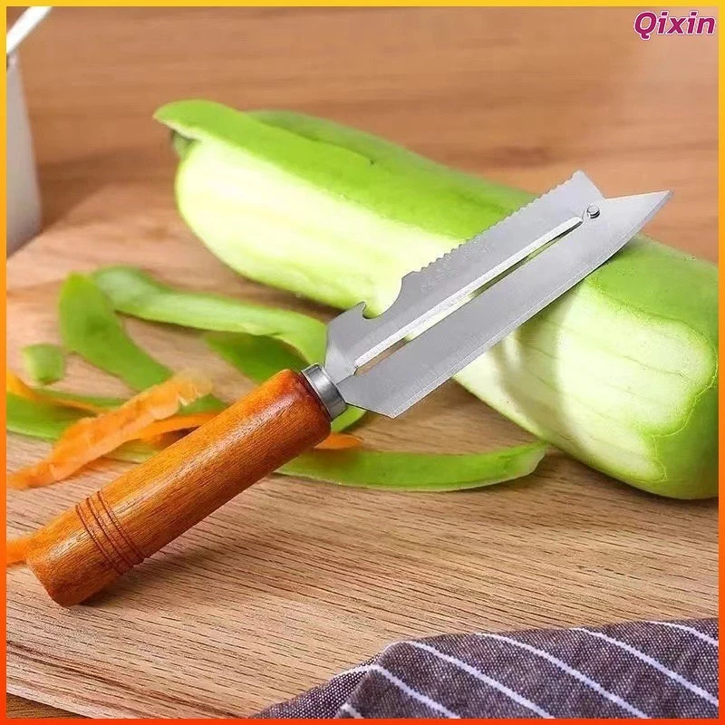 Qixin มีดปอกสแตนเลสอเนกประสงค์อุปกรณ์ปอกอ้อย/สับปะรด/มันฝรั่งด้ามไม้มีดปอกครัวกันลื่น