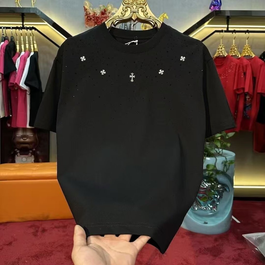 T เสื้อผู้ชาย Hot Diamond Cross Collar ดอกไม้ Breathable Cotton Contact Cool Feeling Bottoming เสื้ออินเทรนด์ T DIA ชายแขนสั้น Top