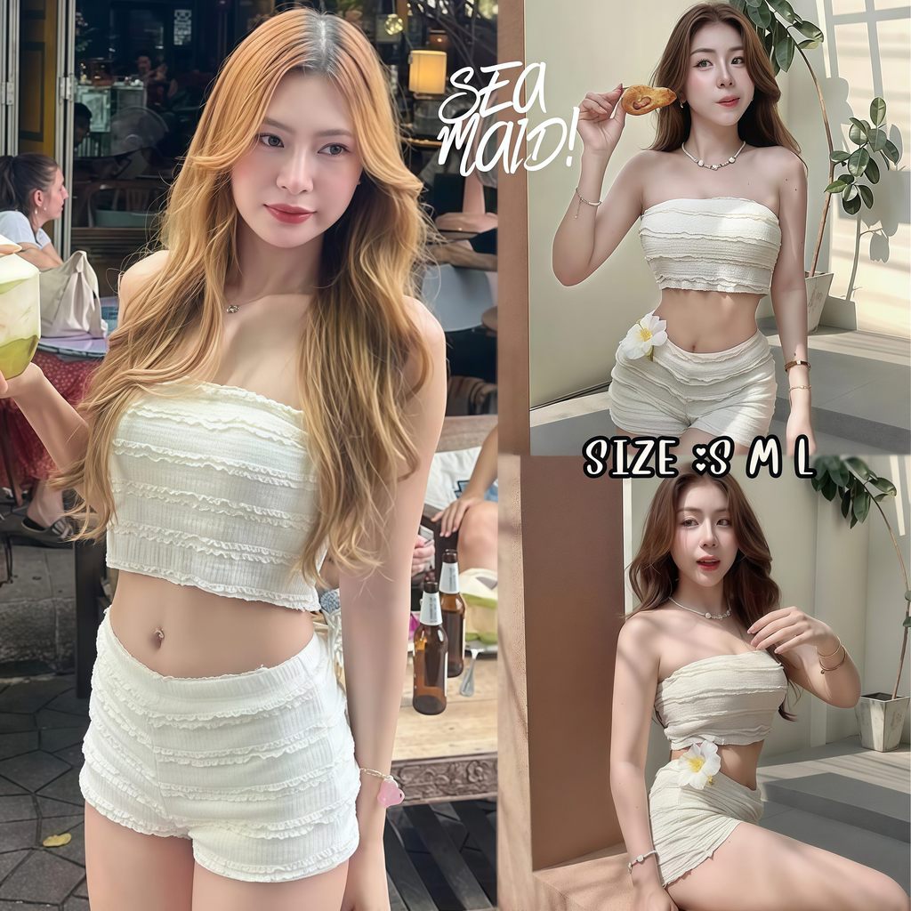 SEA MAID บิกินี่ เอวสูง เกาะอกเซ็กซี่ ผ้ายืด 🌊 มีไซส์ S-L | น้ำหนัก 38-58 กก. จัดส่งเร็ว Y457