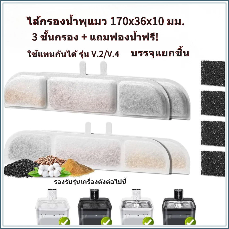 ไส้กรองน้ําพุแมว ไร้สาย รุ่น V.2/V.4 ขนาด 170x36x10 mm. บรรจุแยก แถมฟรีไส้กรองปั๊มน้ํา! กรอง3ชั้น วัสดุฟู้ดเกรด ปลอดภัย