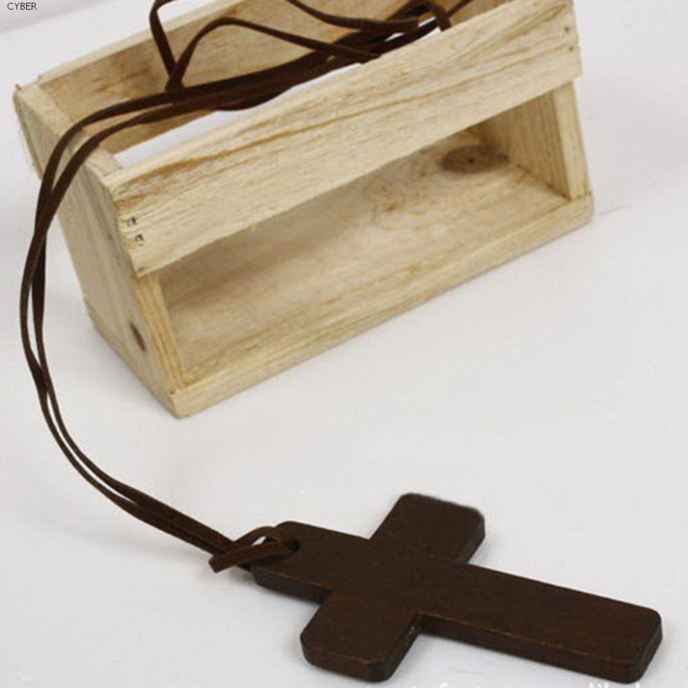 CYBER Jewelry Ancient Men Fashion Sweater Chains Wooden Christian Leather Brown Cord Pendant