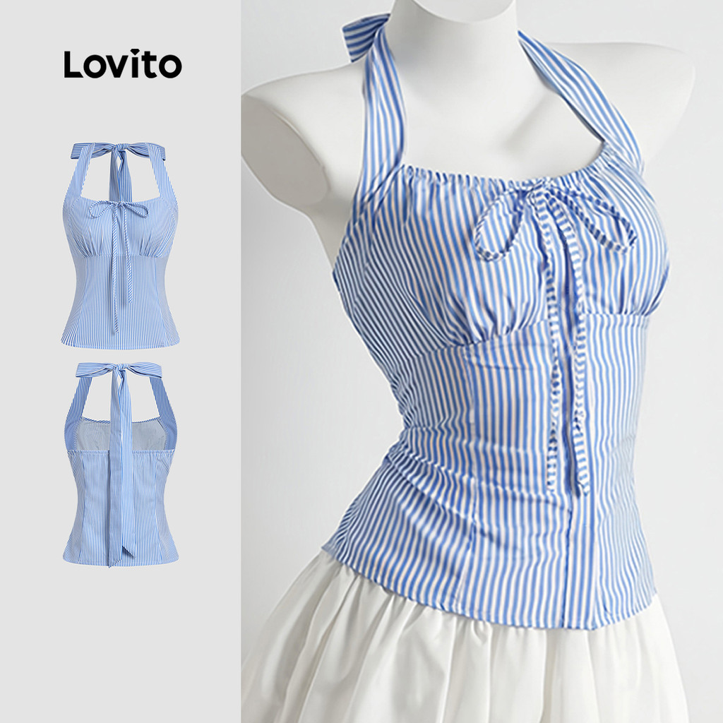 Lovito เสื้อเบลาส์ลําลองคอปกผูกโบว์ มีซิป สําหรับผู้หญิง สีฟ้า เหมาะสําหรับฤดูใบไม้ผลิ/ฤดูร้อน LK5ED480