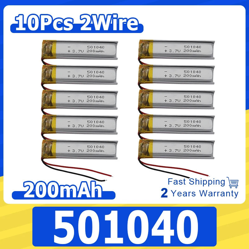 ขายส่ง 10 ชิ้น 3.7V 200mAh 0.74Wh แบตเตอรี่ Li- 501040 สําหรับเครื่องเล่นเพลง จีพีเอส ปากกาบันทึกกล้