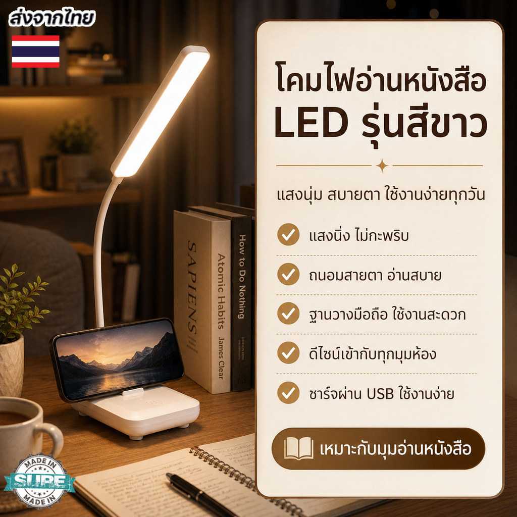 โคมไฟ LED ตั้งโต๊ะพร้อมคลิปหนีบ ปรับองศาได้ 360° หรี่แสง 3 ระดับ แสงนุ่ม ถนอมสายตา