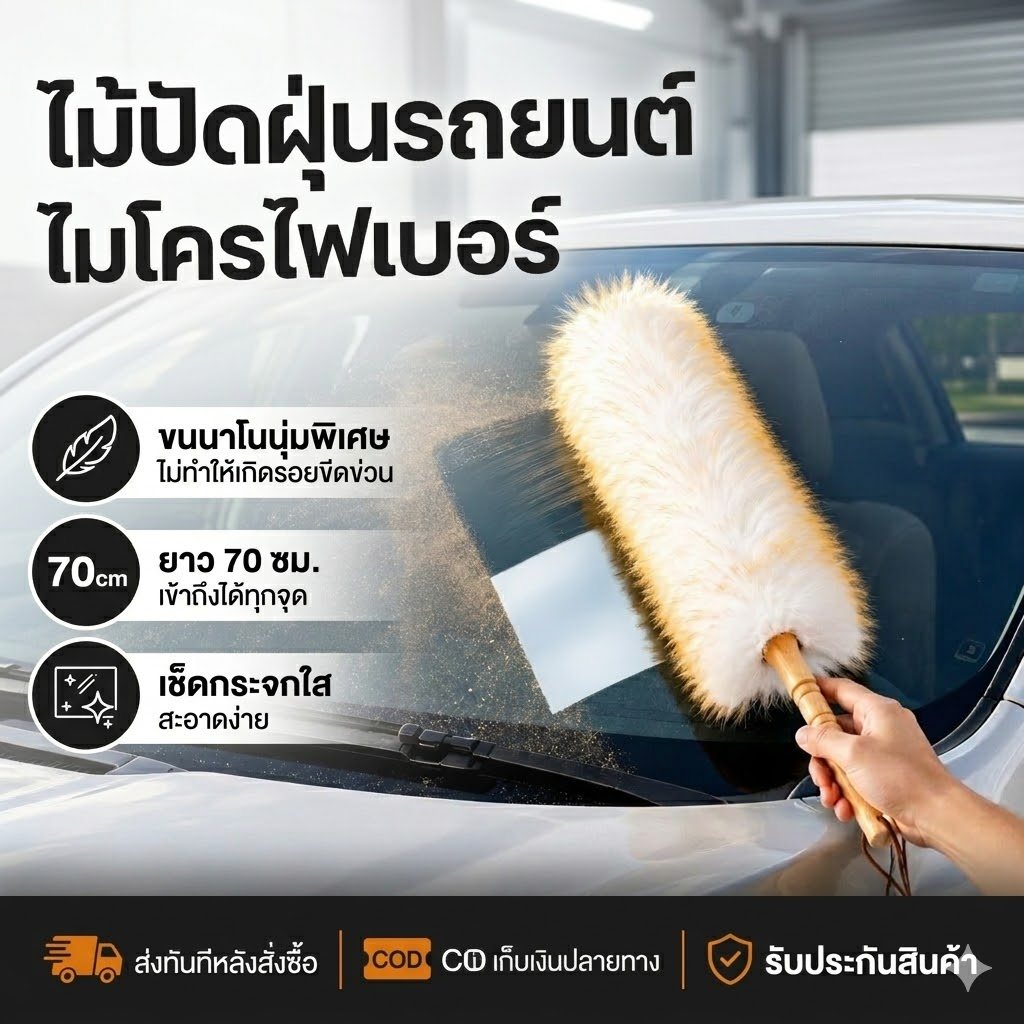 ไม้ขนไก่ ไม้ปัดฝุ่นขนแกะ แปรงทำความสะอาด ดักฝุ่นละออง ขนฟูนุ่ม ด้ามจับถนัดมือ ความยาว68ซม