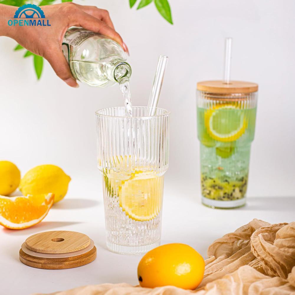 OPENMALL ถ้วยแก้ว Borosilicate 20 ออนซ์พร้อมฝาปิดและหลอดลายเส้นแนวตั้ง Tumbler สําหรับกาแฟเย็นน้ําผล