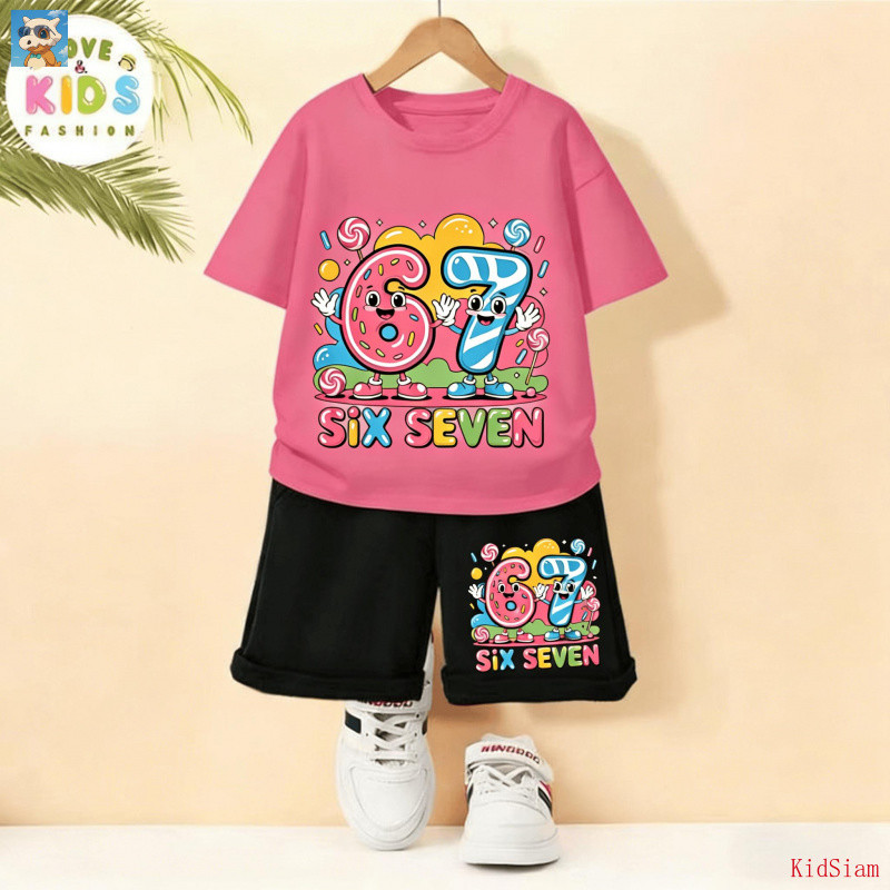 【KidSiam】เซ็ตชุดเด็ก เสื้อ+กางเกง ชุดเด็กหญิง 2 ชิ้น เสื้อยืดกางเกงขาสั้น ลาย Six Seven 67 โดนัท ตัวเลข 67 กา