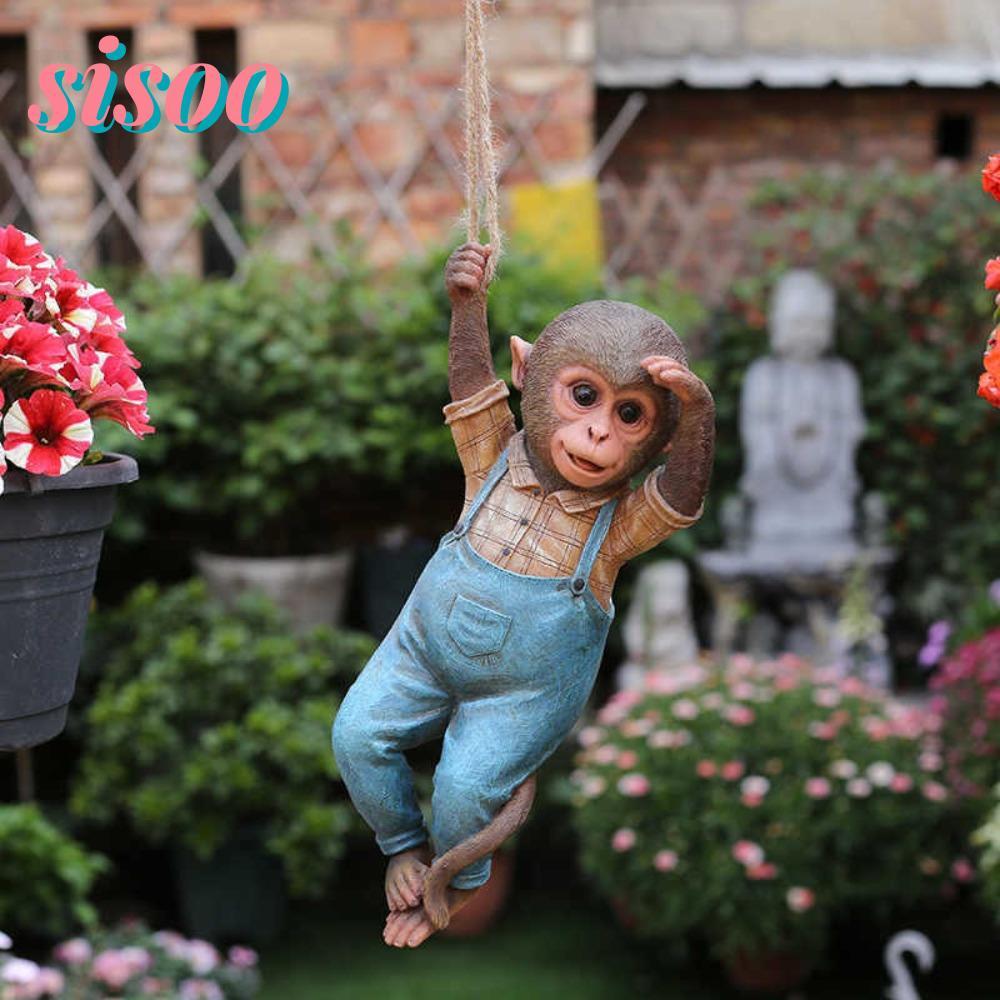 SOO รูปปั้นลิง, ตกแต่งสวนกันน้ํา Monkey Hanging Sculpture, Creative Resin Monkey Chimp แขวนเครื่องปร