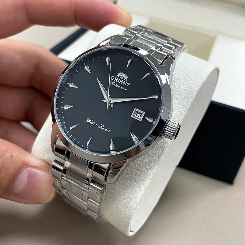 นาฬิกาผู้ชาย Orient Automatic สายสแตนเลสหน้าปัดสีดํา นาฬิกาข้อมือธุรกิจคลาสสิกกันน้ําพร้อมจอแสดงผลวั