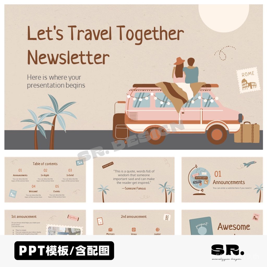 L531 ภาพประกอบมือวาด Retro แสตมป์ Camping Field Adventure Attractions Lets Travel Together PPT Templ