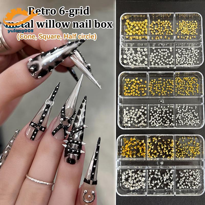 [MR] คละไซส์ Punk Solid Rivets HemiSphere Square Sharp Cone Gold Silver K Nail Art Rhinestones ตกแต่