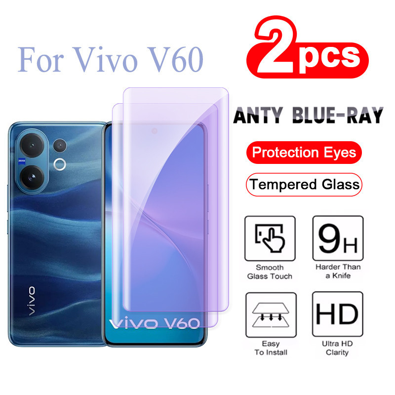 2 ชิ้น ฟิล์ม Vivo V60 กระจกนิรภัยป้องกันแสงสีฟ้ากระจกโค้งฟิล์มสำหรับ Vivo V60 V50 V50e V40 Pro V40e 