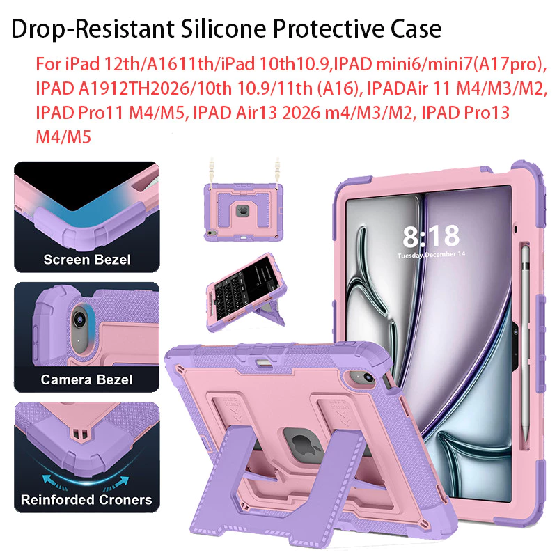 เหมาะสําหรับ iPad 12th A19 2026/11th A16 Air 11 13 M2/M3/M4 AIR4 /AIR5 10.9 Mini6 Mini7 3-in-1 เคสกันกระแทกและทนต่อการตกพร้อมสายคล้องไหล่แบบพกพามือถือ