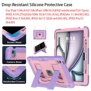 เหมาะสําหรับ iPad 12th A19 2026/11th A16 Air 11 13 M2/M3/M4 AIR4 /AIR5 10.9 Mini6 Mini7 3-in-1 เคสกันกระแทกและทนต่อการตกพร้อมสายคล้องไหล่แบบพกพามือถือ