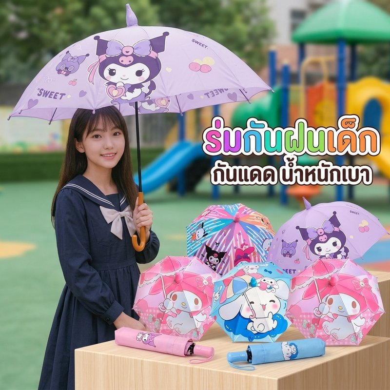 ร่มไนลอนน้ำหนักเบาสำหรับเด็ก ป้องกันแดดและฝน พร้อมฟังก์ชั่นกันลมและจับถนัดมือ