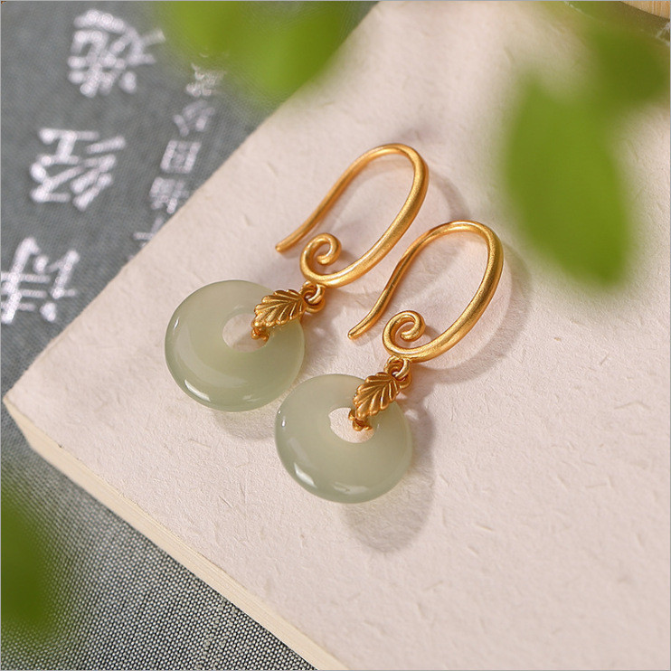 ต่างหูHetian Jade สไตล์เรโทร궁พาวิลเลียน ทำจากเงินสเตอร์ลิงs925 รหัสF485