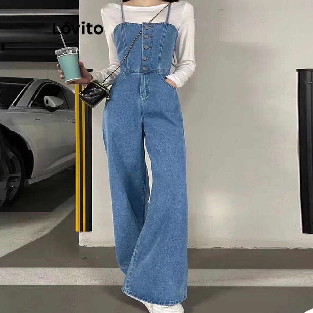 Lovito แคชชวล จั๊มสูท มีกระเป๋า กระดุมหน้า ฟอกสี สำหรับผู้หญิง LNE22047 (หลากสี)