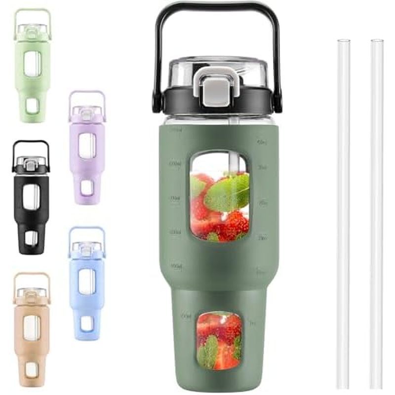 BLUEGO 64oz Glass Water Bottles with Straw Time Marker Half Gallon Large Motivational Water Bottle w