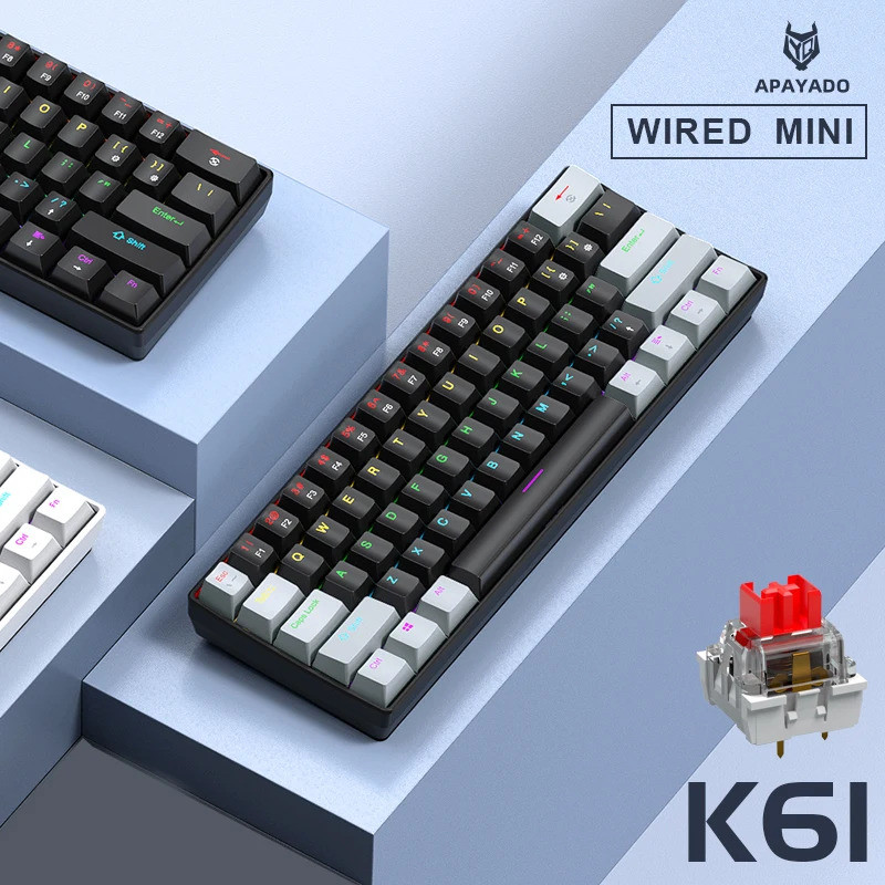 Mini Keyboard APAYADOK61 Mechanical Keyboard แบบมีสาย, 60% Portable 61-Key RGB Black White, Red/Blue