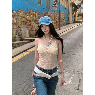 Vogue🌟พร้อมส่ง🌟 เสื้อซีทรูสายเดี่ยวลายลูกไม้ บางเซ็กซี่ ยืดตามตัว สไตล์เกาหลี (FY2059)