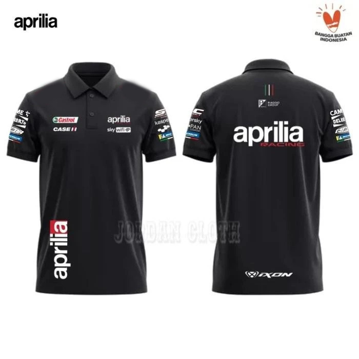 เสื้อโปโลพิมพ์ลาย Aprl Moto Racing สีดำคลาสสิกสำหรับผู้ชายและผู้หญิง สไตล์มอเตอร์สปอร์ต ลำลอง สวมใส่ได้ทุกวัน