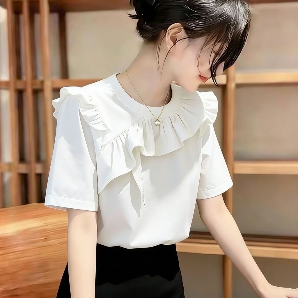 ใส่สํานักงานเกาหลีที่สง่างาม รัฟเฟิล ด้านบนอินเทรนด์เสื้อเชิ้ตสีขาวสําหรับผู้หญิงทรงหลวม
