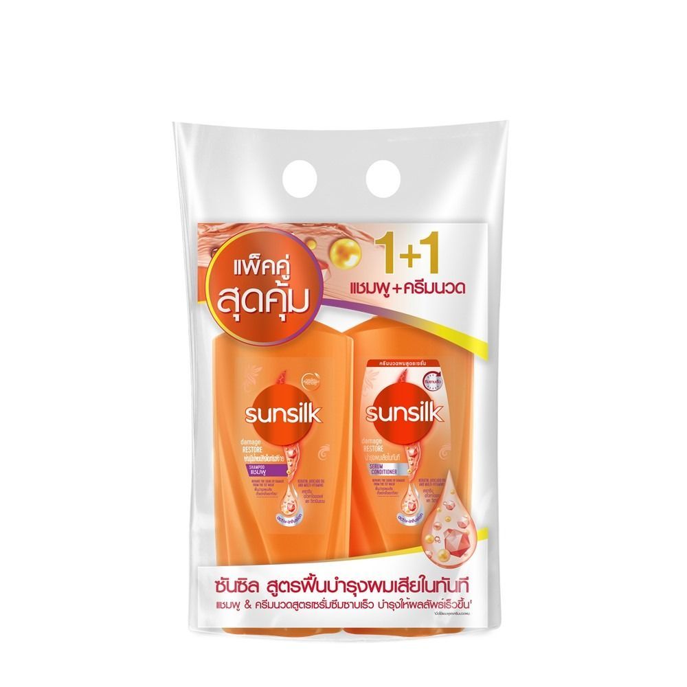 [สินค้าส่งด่วน] ซันซิลแชมพู+นวดแดเมจรีสโตร์ส้ม325+300มล SUNSILK SHAM+CONDAMAGE RESTORE OR325+300