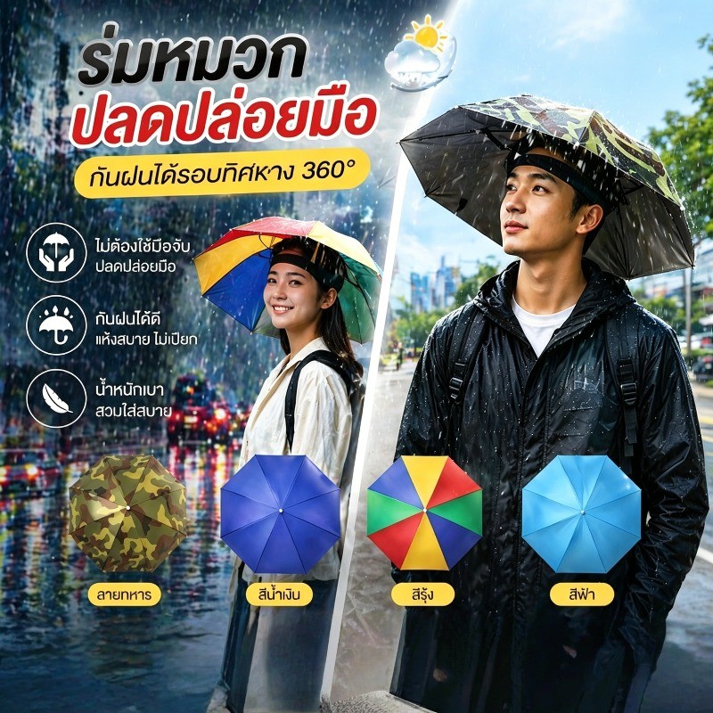 หมวกร่ม รมกันยูวี ใส่ง่าย กันฝนกันแดด ใช้ได้ทั้งผู้ใหญ่และเด็ก แบบพับ แข็งแรงทนทาน รองรับการใช้งานทุกสถานการณ์